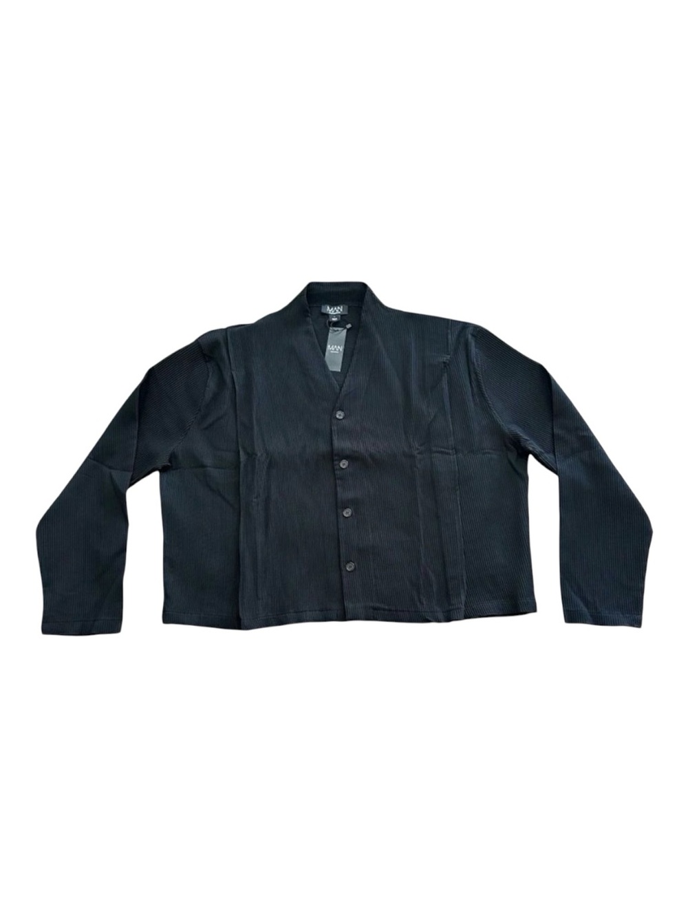⁠boohooMAN Black Pleated Plisse Boxy Shirt Long Sleeve Collarless Cardigan S⁠